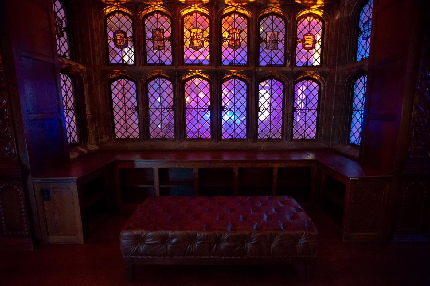 Stain glass effect on windows due to interior courtyard lighting